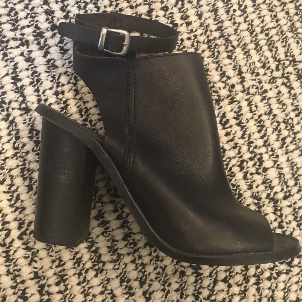 Sixtyseven Open Toe Ankle Strap Black Leather Heel
